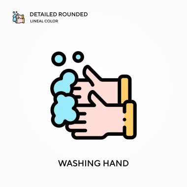 Yıkama elle detaylı yuvarlak doğrusal renk vektör ikonu. Web mobil UI ögesi için resimleme sembolü tasarım şablonu. Düzenlenebilir vuruşlarda mükemmel renk modern piktogram. İş projeniz için el yıkama simgeleri