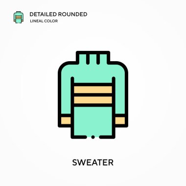 Süveter ayrıntılı yuvarlak doğrusal renk vektör ikonu. Web mobil UI ögesi için resimleme sembolü tasarım şablonu. Düzenlenebilir vuruşlarda mükemmel renk modern piktogram. İş projeniz için süveter simgeleri
