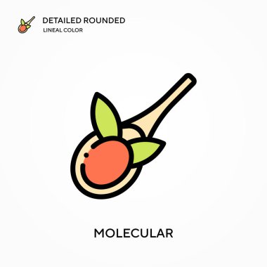 Moleküler detaylı yuvarlak doğrusal renk vektörü ikonu. Web mobil UI ögesi için resimleme sembolü tasarım şablonu. Düzenlenebilir vuruşlarda mükemmel renk modern piktogram. İş projeniz için moleküler simgeler