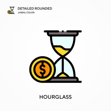 Kum saati yuvarlak çizgili renk vektör simgesini detaylı olarak açıklar. Web mobil UI ögesi için resimleme sembolü tasarım şablonu. Düzenlenebilir vuruşlarda mükemmel renk modern piktogram. İş projeniz için kum saati simgeleri