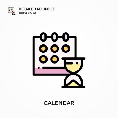 Takvim ayrıntılı yuvarlak doğrusal renk vektörü simgesi. Web mobil UI ögesi için resimleme sembolü tasarım şablonu. Düzenlenebilir vuruşlarda mükemmel renk modern piktogram. İş projeniz için takvim simgeleri