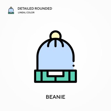Beanie ayrıntılı yuvarlak doğrusal renk vektör ikonu. Web mobil UI ögesi için resimleme sembolü tasarım şablonu. Düzenlenebilir vuruşlarda mükemmel renk modern piktogram. İş projeniz için Beanie simgeleri