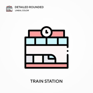 Tren istasyonu yuvarlak doğrusal renk vektörü simgesini detaylı olarak açıkladı. Web mobil UI ögesi için resimleme sembolü tasarım şablonu. Düzenlenebilir vuruşlarda mükemmel renk modern piktogram. İş projeniz için tren istasyonu simgeleri