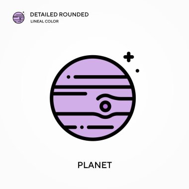Gezegen detaylı yuvarlak doğrusal renk vektör simgesi. Web mobil UI ögesi için resimleme sembolü tasarım şablonu. Düzenlenebilir vuruşlarda mükemmel renk modern piktogram. İş projeniz için gezegen simgeleri