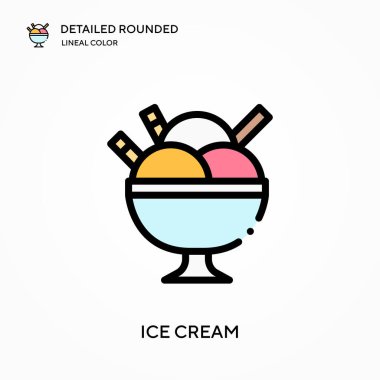 Dondurma ayrıntılı yuvarlak doğrusal renk vektör ikonu. Web mobil UI ögesi için resimleme sembolü tasarım şablonu. Düzenlenebilir vuruşlarda mükemmel renk modern piktogram. İş projeniz için dondurma simgeleri