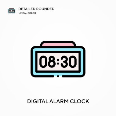 Dijital alarm saati yuvarlak doğrusal renk vektör simgesini detaylı olarak açıklar. Web mobil UI ögesi için resimleme sembolü tasarım şablonu. Düzenlenebilir vuruşlarda mükemmel renk modern piktogram. İş projeniz için dijital alarm saat simgeleri