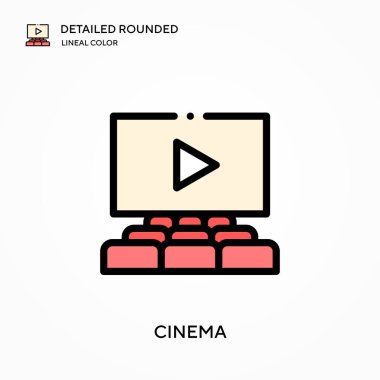 Sinema yuvarlak doğrusal renk vektör simgesini detaylı olarak açıklamıştır. Web mobil UI ögesi için resimleme sembolü tasarım şablonu. Düzenlenebilir vuruşlarda mükemmel renk modern piktogram. İş projeniz için sinema simgeleri