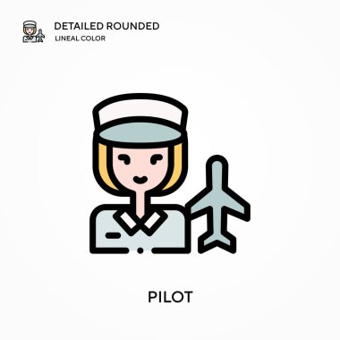 Pilot ayrıntılı yuvarlak doğrusal renk vektör simgesi. Web mobil UI ögesi için resimleme sembolü tasarım şablonu. Düzenlenebilir vuruşlarda mükemmel renk modern piktogram. İş projeniz için pilot simgeleri