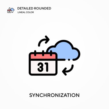 Senkronizasyon ayrıntılı yuvarlak doğrusal renk vektör simgesi. Web mobil UI ögesi için resimleme sembolü tasarım şablonu. Düzenlenebilir vuruşlarda mükemmel renk modern piktogram. İş projeniz için eşzamanlama simgeleri