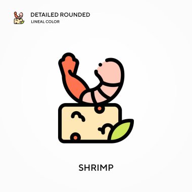 Karides ayrıntılı yuvarlak doğrusal renk vektör ikonu. Web mobil UI ögesi için resimleme sembolü tasarım şablonu. Düzenlenebilir vuruşlarda mükemmel renk modern piktogram. İş projeniz için karides simgeleri