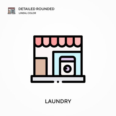 Çamaşırhane detaylı yuvarlak doğrusal renk vektör simgesi. Web mobil UI ögesi için resimleme sembolü tasarım şablonu. Düzenlenebilir vuruşlarda mükemmel renk modern piktogram. İş projeniz için çamaşır simgeleri