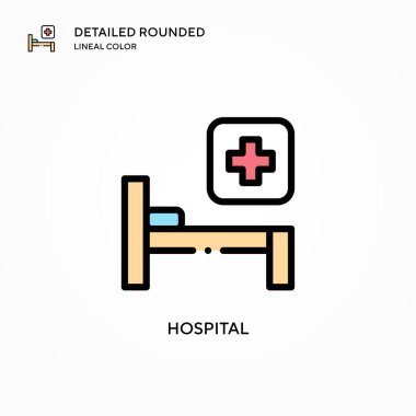 Hastane vektör ikonu. Modern vektör illüstrasyon kavramları. Düzenlemesi ve kişiselleştirmesi kolay.