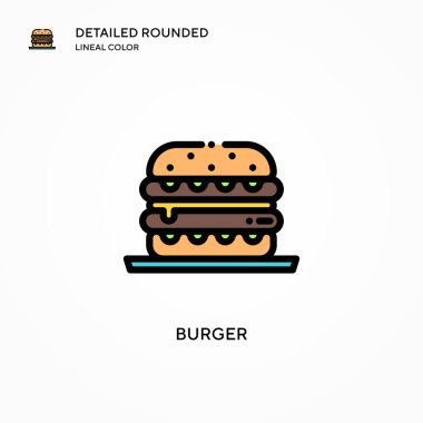 Burger vektör ikonu. Modern vektör illüstrasyon kavramları. Düzenlemesi ve kişiselleştirmesi kolay.
