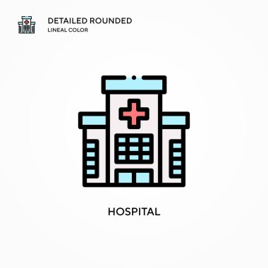 Hastane vektör ikonu. Modern vektör illüstrasyon kavramları. Düzenlemesi ve kişiselleştirmesi kolay.