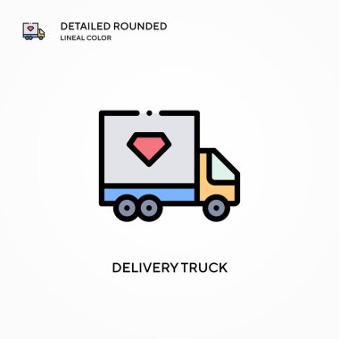 Teslimat kamyonu vektör ikonu. Modern vektör illüstrasyon kavramları. Düzenlemesi ve kişiselleştirmesi kolay.