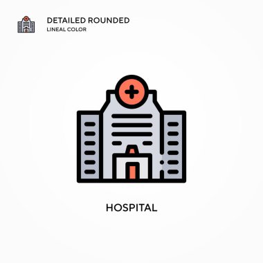 Hastane vektör ikonu. Modern vektör illüstrasyon kavramları. Düzenlemesi ve kişiselleştirmesi kolay.