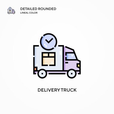 Teslimat kamyonu vektör ikonu. Modern vektör illüstrasyon kavramları. Düzenlemesi ve kişiselleştirmesi kolay.