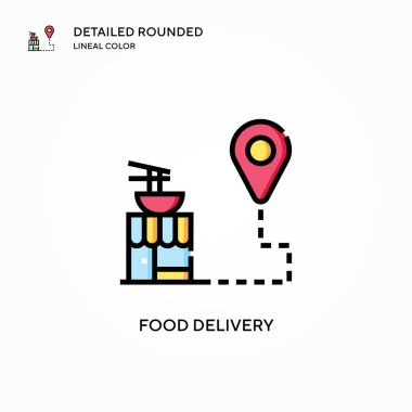 Yemek teslimatı vektör ikonu. Modern vektör illüstrasyon kavramları. Düzenlemesi ve kişiselleştirmesi kolay.