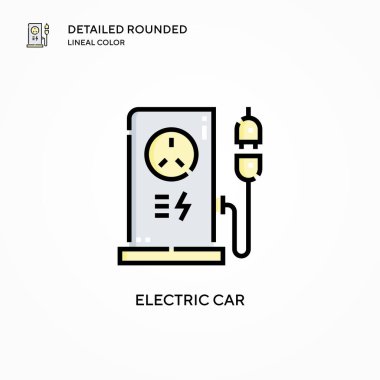 Elektrikli araba vektör simgesi. Modern vektör illüstrasyon kavramları. Düzenlemesi ve kişiselleştirmesi kolay.