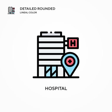 Hastane vektör ikonu. Modern vektör illüstrasyon kavramları. Düzenlemesi ve kişiselleştirmesi kolay.
