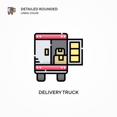 Teslimat kamyonu vektör ikonu. Modern vektör illüstrasyon kavramları. Düzenlemesi ve kişiselleştirmesi kolay.