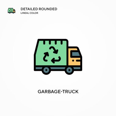 Çöp kamyonu vektör ikonu. Modern vektör illüstrasyon kavramları. Düzenlemesi ve kişiselleştirmesi kolay.