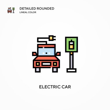Elektrikli araba vektör simgesi. Modern vektör illüstrasyon kavramları. Düzenlemesi ve kişiselleştirmesi kolay.