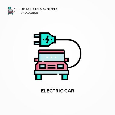 Elektrikli araba vektör simgesi. Modern vektör illüstrasyon kavramları. Düzenlemesi ve kişiselleştirmesi kolay.