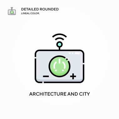 Mimari ve şehir vektör ikonu. Modern vektör illüstrasyon kavramları. Düzenlemesi ve kişiselleştirmesi kolay.