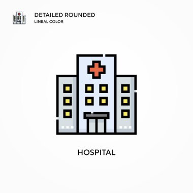 Hastane vektör ikonu. Modern vektör illüstrasyon kavramları. Düzenlemesi ve kişiselleştirmesi kolay.