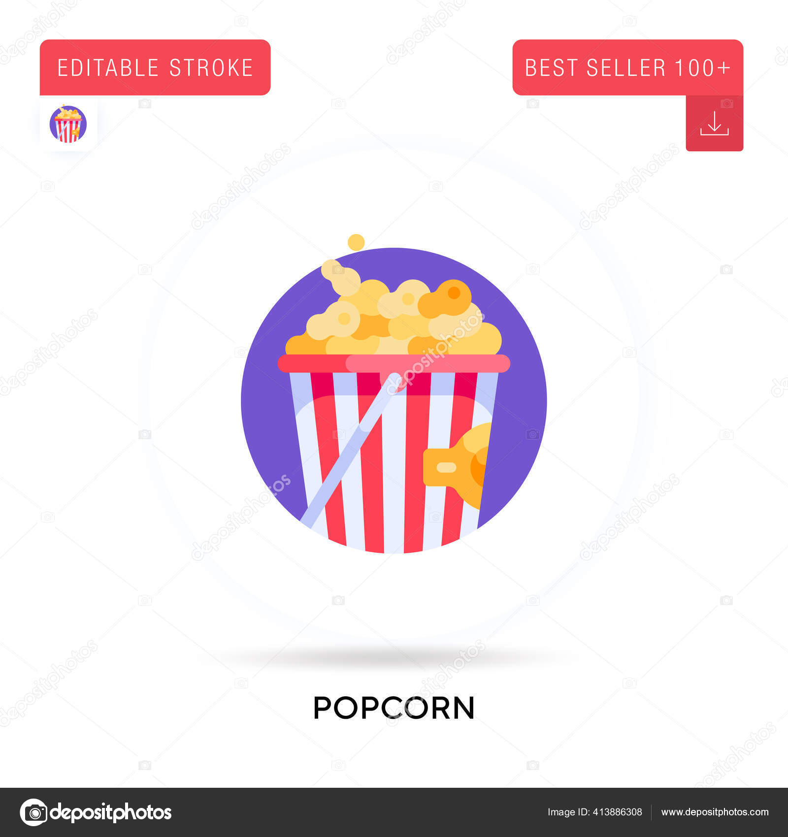ポップコーンの詳細な円形フラットベクトルアイコン ベクトル分離概念メタファーイラスト ストックベクター C Edifier