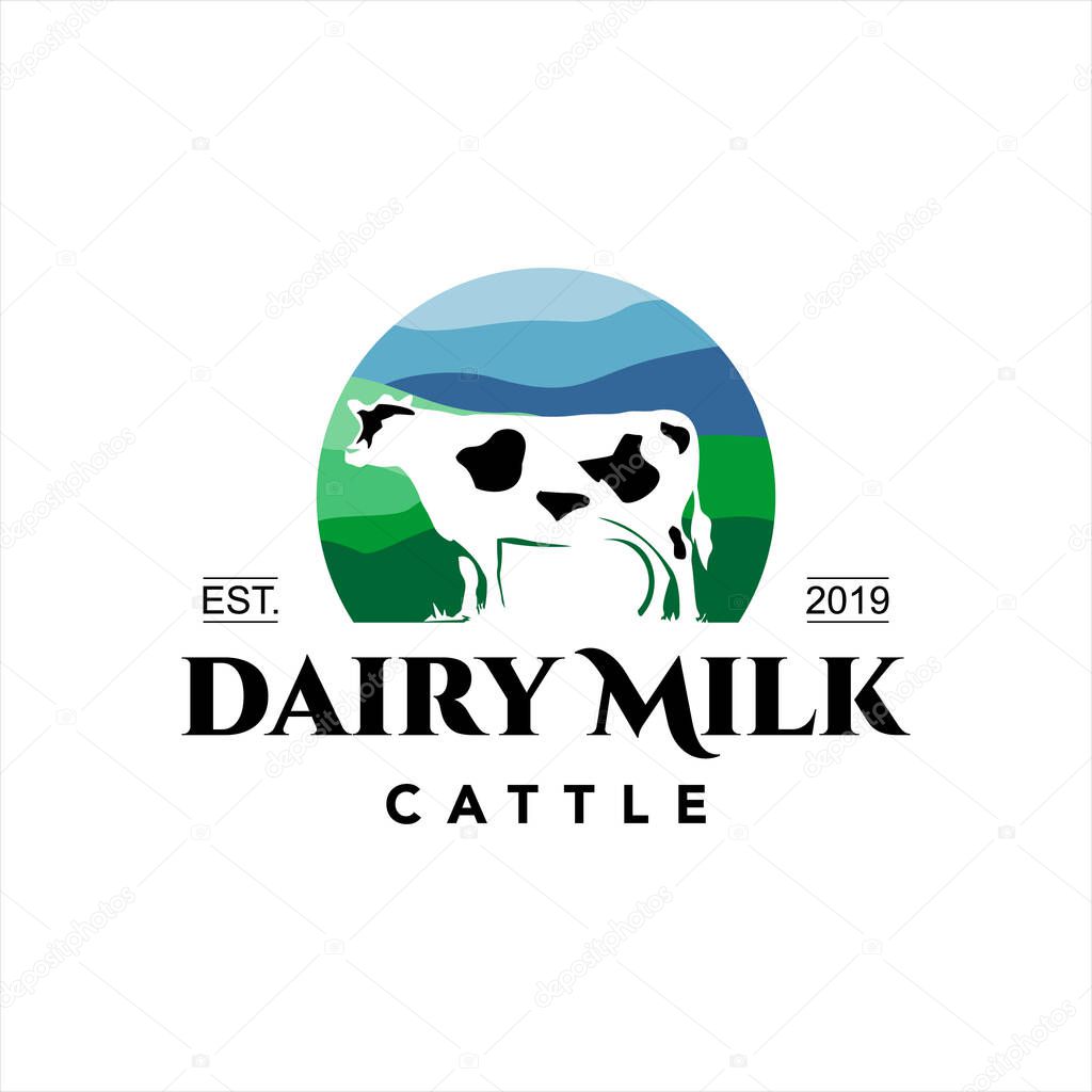 Milk logo cow cattle farm dairy organic drink from fresh agriculture fields vector badge design template