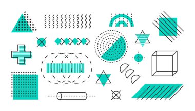 Geometrik şekiller. Soyut geometrik kompozisyonlar ayarlandı. Memphis tasarımı, web için retro elementler, vintage, reklam, ticari afiş, satış. Vektör illüstrasyonu