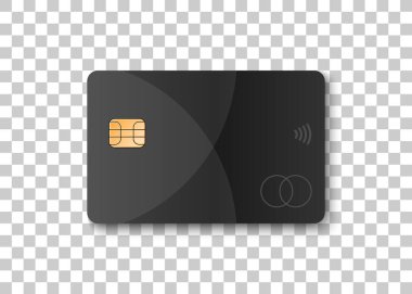 Banka kredi kartı tasarımı. Şeffaf arkaplanda sahte kredi kartı. Siyah kredi kartı şablonu. Vektör illüstrasyonu