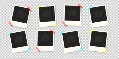 Fotoğraf çerçeveleri. Renkli bantla şeffaf bir arkaplanda eski fotoğraf çerçevelerini taklit et. Vektör illüstrasyonu