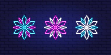 Neon kar taneleri kavramı. Geometrik neon kar taneleri koyu arkaplanda. Yeni neon kar ikonları. Vektör illüstrasyonu
