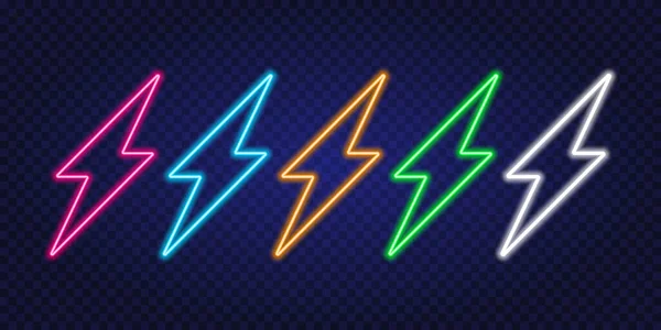 Neon flaşı. Karanlık şeffaf arkaplanda yıldırımın işareti. Vektör illüstrasyonu