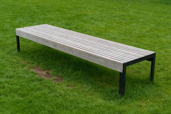 Parktaki ahşap bankta yeşil çimlerin üzerinde