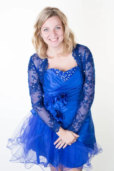Portrait Beautiful Pretty Girl Happy Smiling Studio Blue Party Dress — Stock Photo, Image