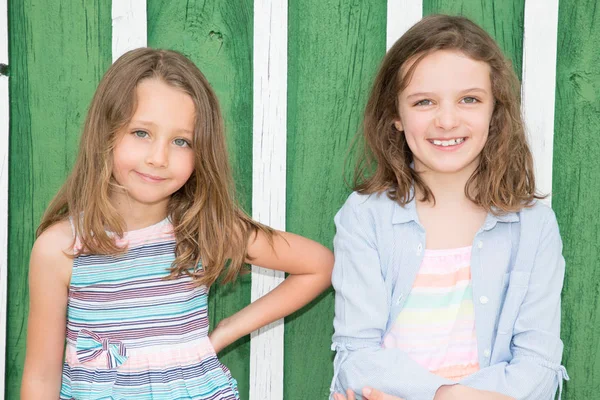 Retrato Duas Crianças Sorridentes Fundo Madeira Verde Alegre Criança Irmã — Fotografia de Stock