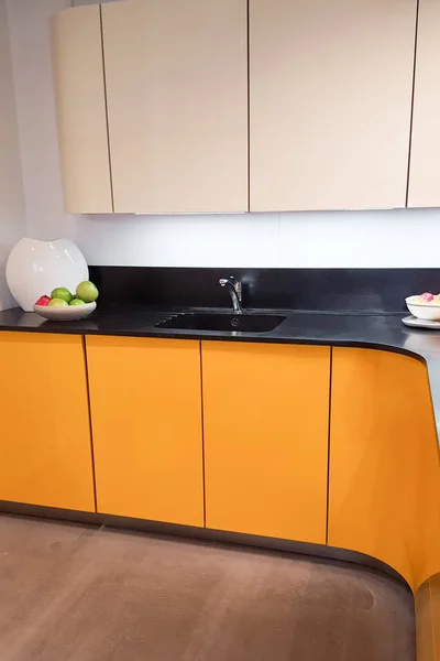 Interior Stylish Modern House Orange Modern Kitchen Interior Yellow — Stock Photo, Image