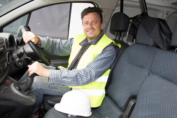 Lachen Bouw Werknemer Man Auto Van Gele Vest — Stockfoto