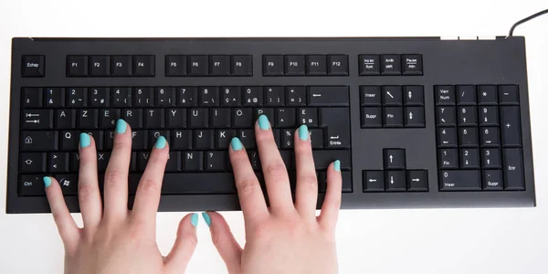 Closeup Business Woman Hand Blue Manicure Typing Laptop Keyboard — Stock Photo, Image