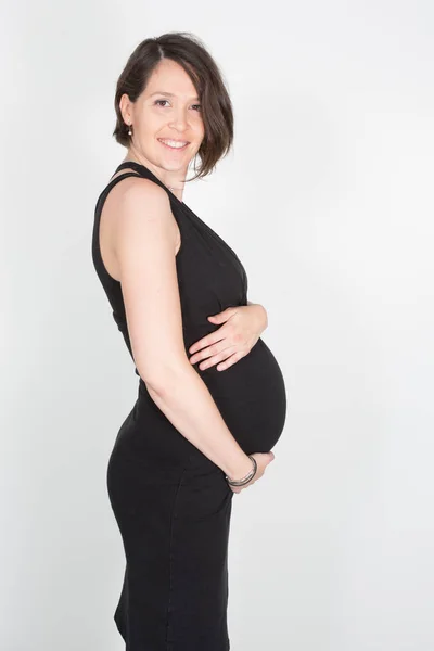 Profil Der Hübschen Schönheit Schwangere Frau Schwarzem Kleid — Stockfoto
