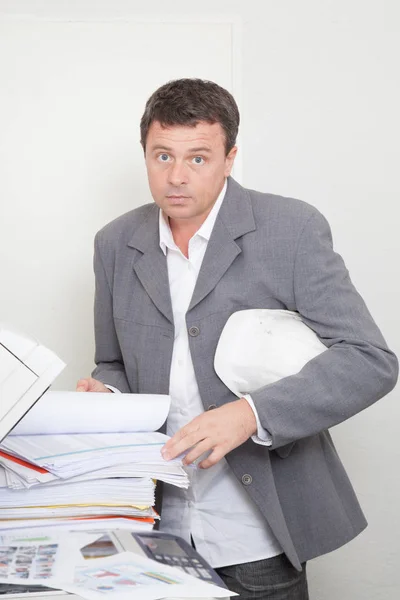 Arquitecto Hombre Con Fotocopiadora Sombrero Duro — Foto de Stock