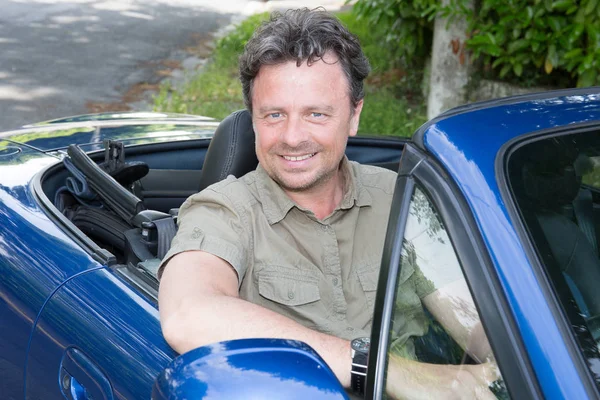 Confident Young Man Sitting Wheel His New Convertible Car Cabriolet — Stock Photo, Image