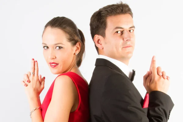 Retrato Alegre Casal Posa Como Para Cartaz Filme — Fotografia de Stock