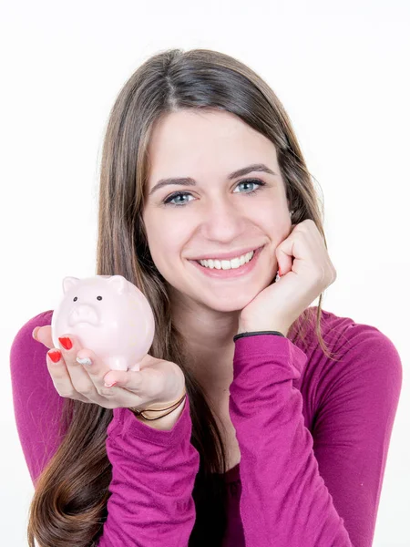 Mooi Meisje Van Jonge Vrouw Met Een Roze Spaarvarken Witte — Stockfoto