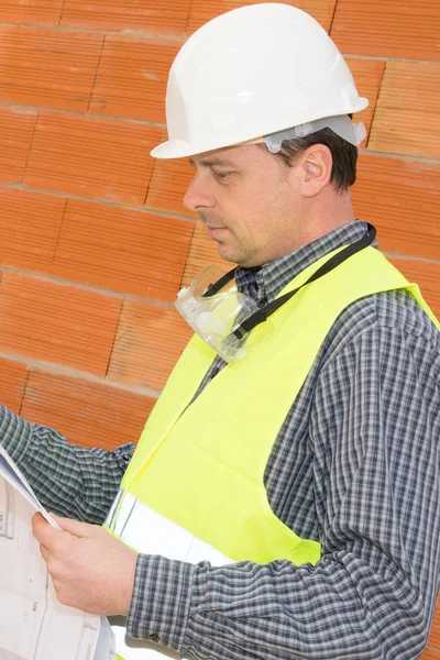 Absorbed Man Engineer Checking Office Blueprints Construction Site — Stock Photo, Image