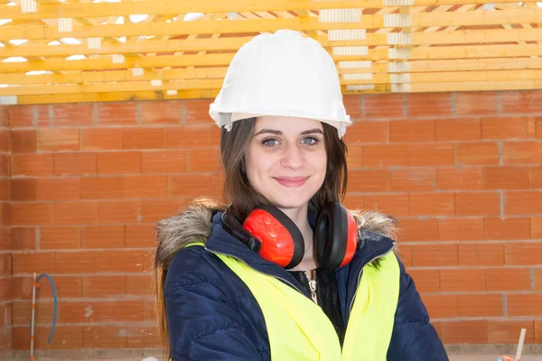 Mulher Retrato Trabalhador Construção Feminino Confiante Canteiro Obras — Fotografia de Stock